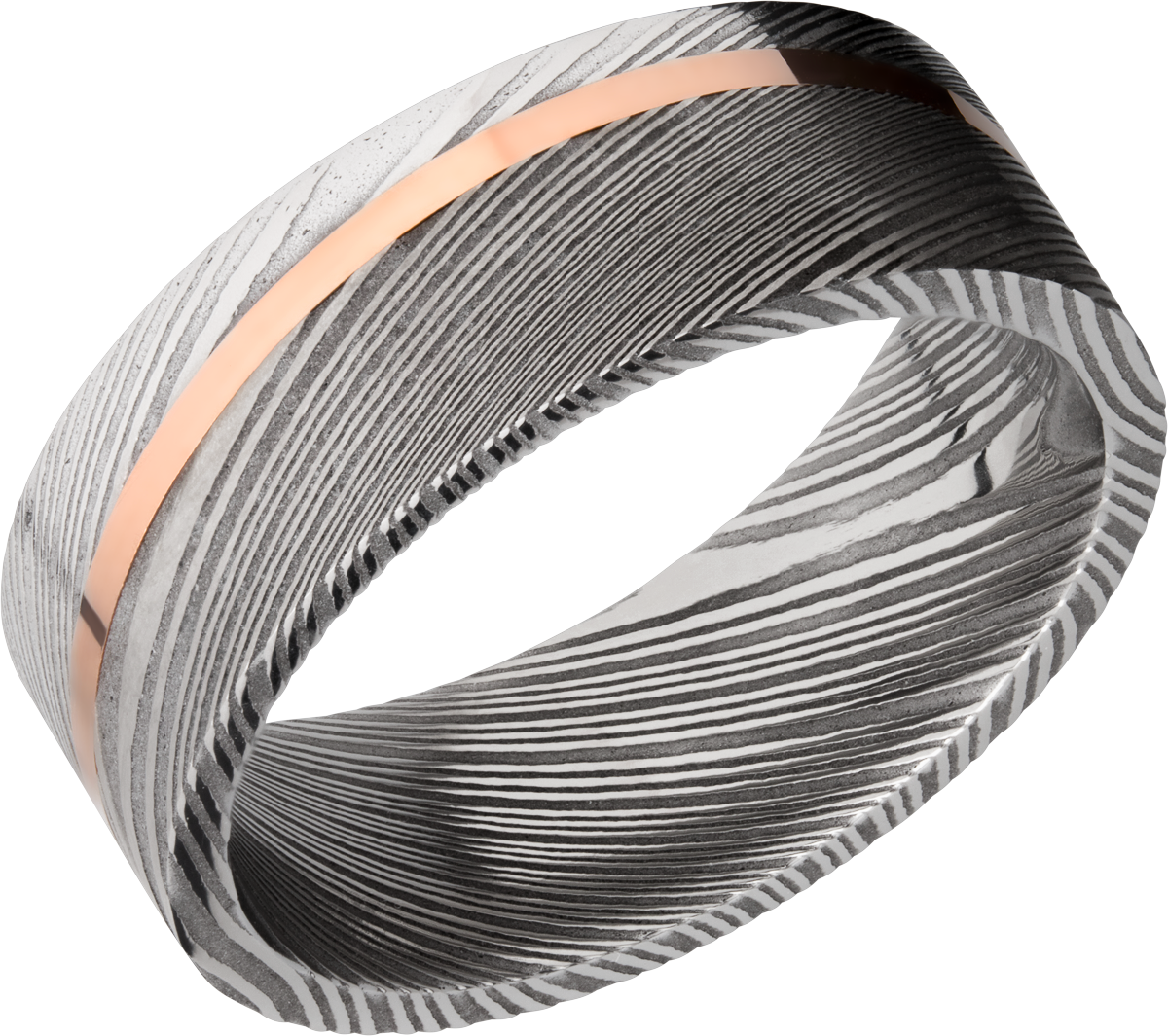 Handmade 8mm Damascus steel band with an angled inlay of 14K rose gold