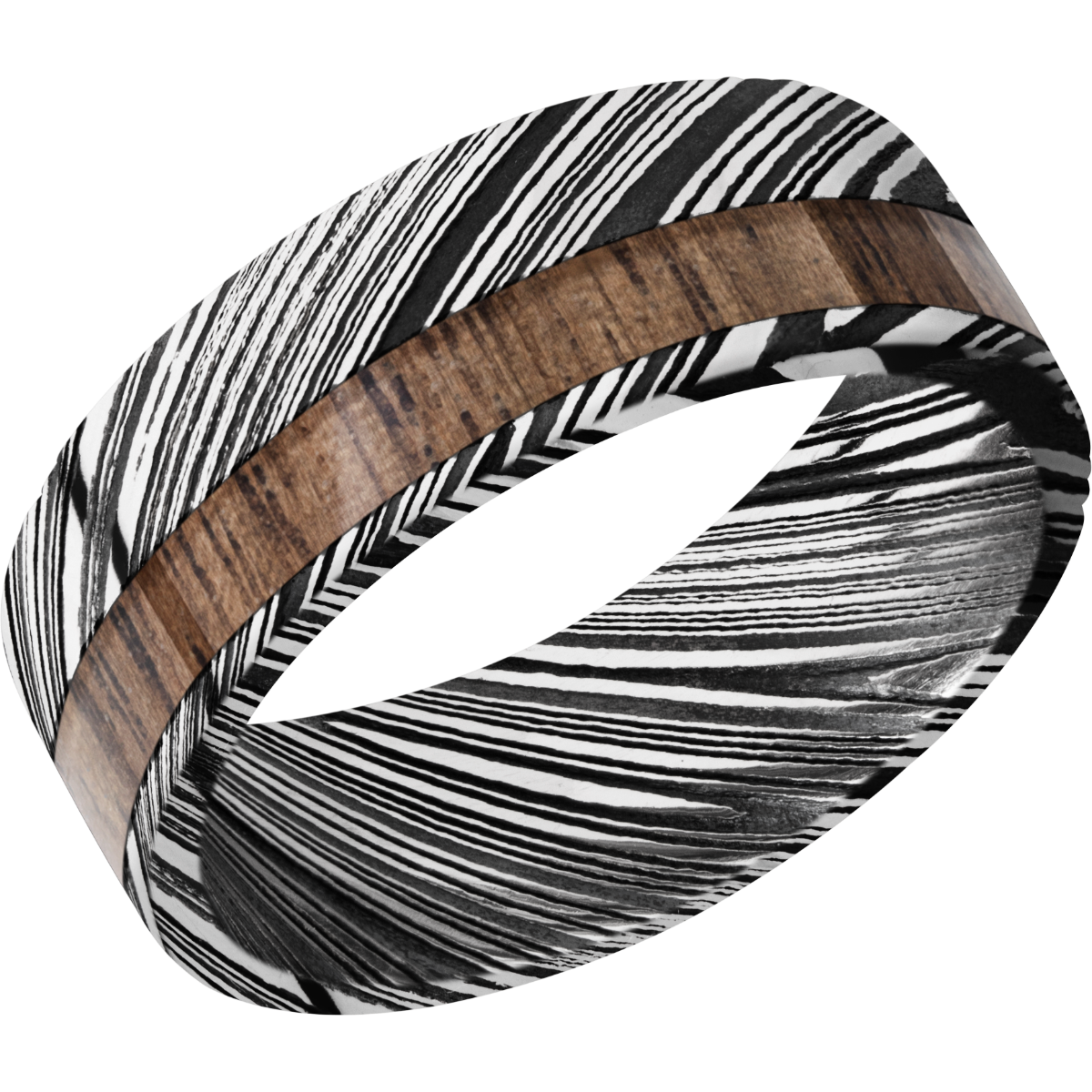 Damascus steel 8mm flat band with 1, 3mm off-centered inlay of Walnut hardwood