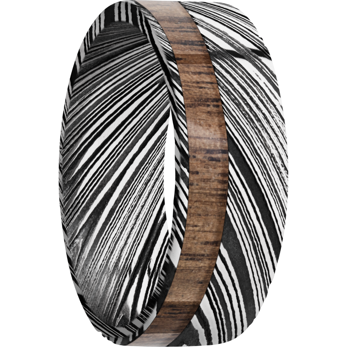 Damascus steel 8mm flat band with 1, 3mm off-centered inlay of Walnut hardwood