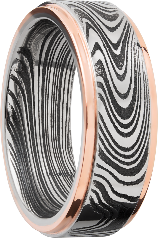 Handmade 8mm marble Damascus steel flat band with 14K rose gold grooved edges