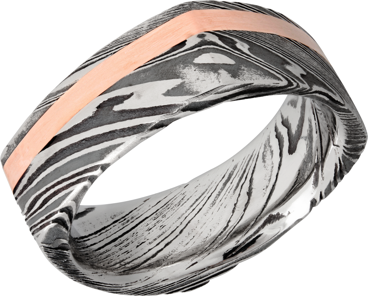 Handmade 8mm woodgrain Damascus steel square band with an inlay of 14K rose gold