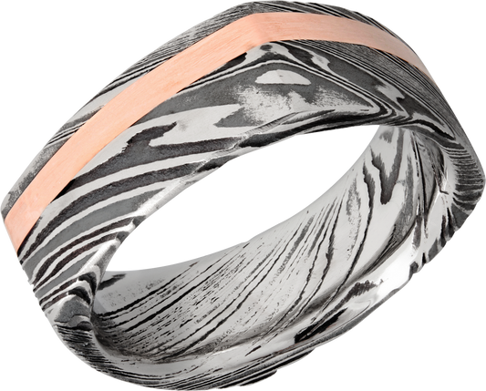 Handmade 8mm woodgrain Damascus steel square band with an inlay of 14K rose gold