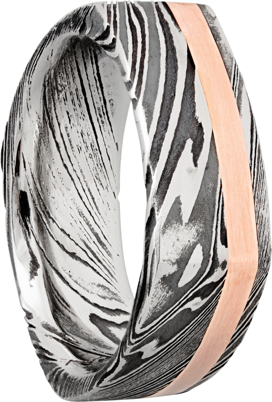 Handmade 8mm woodgrain Damascus steel square band with an inlay of 14K rose gold