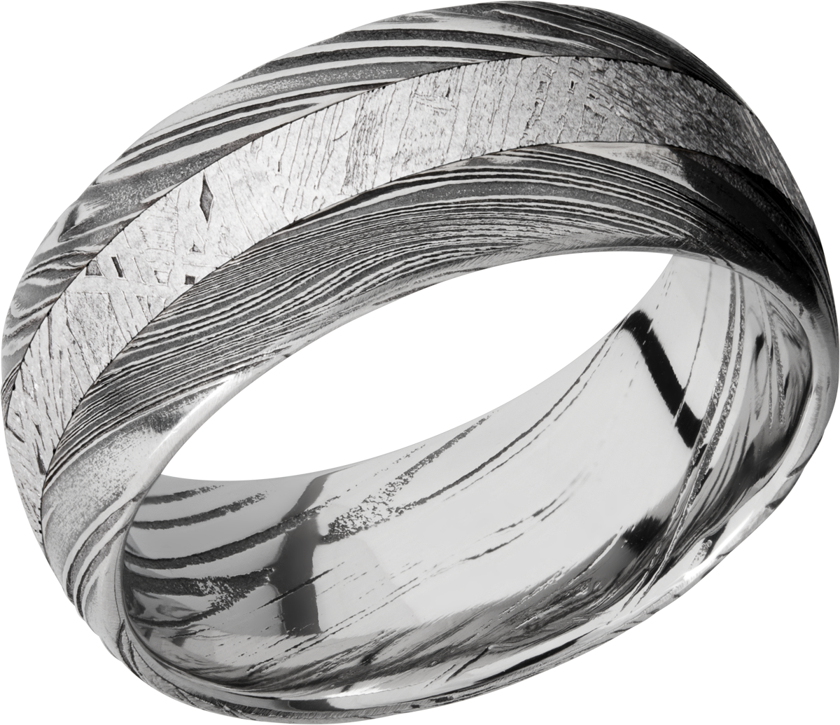Handmade 9mm Woodgrain Damascus steel band with an inlay of authentic Gibeon Meteorite