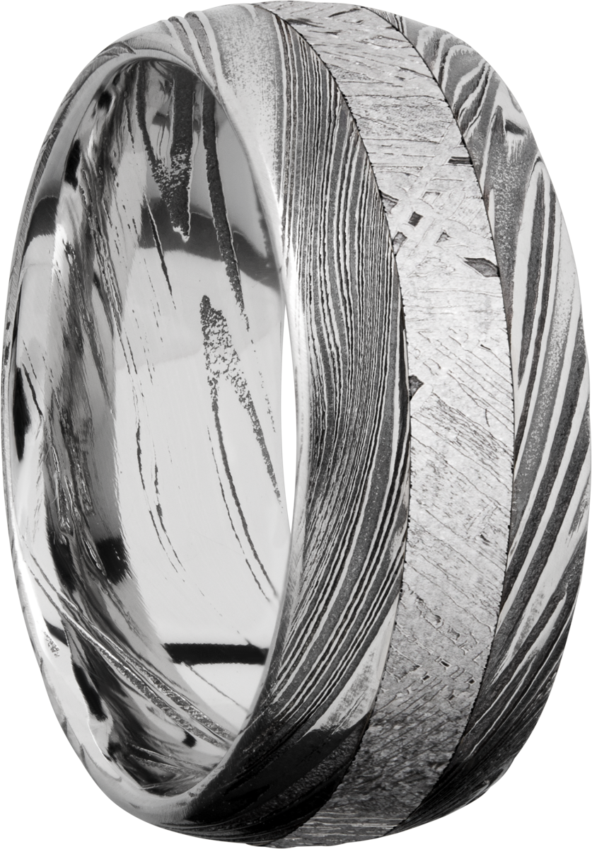 Handmade 9mm Woodgrain Damascus steel band with an inlay of authentic Gibeon Meteorite