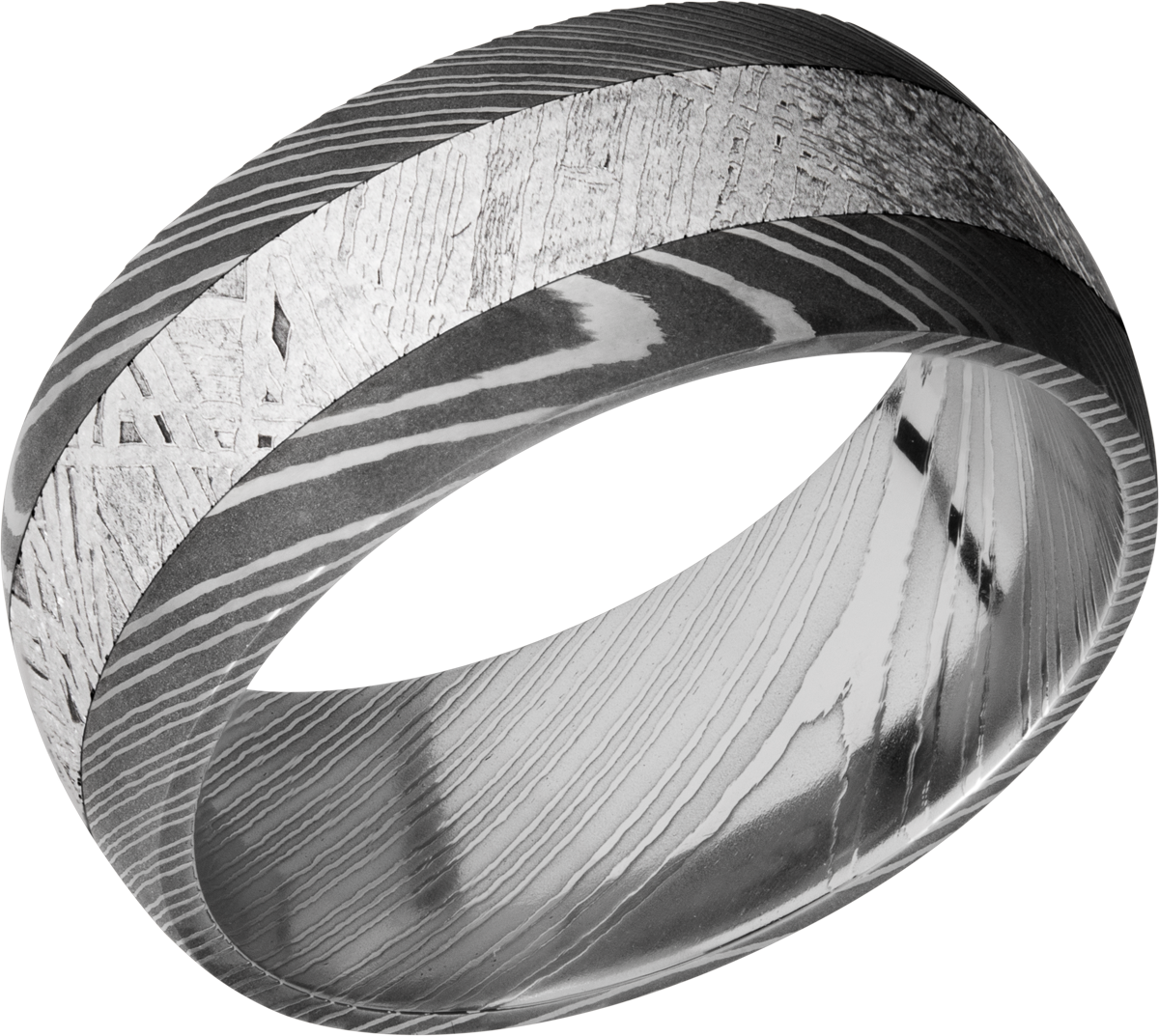 Handmade 9mm Damascus steel band with an inlay of authentic Gibeon Meteorite