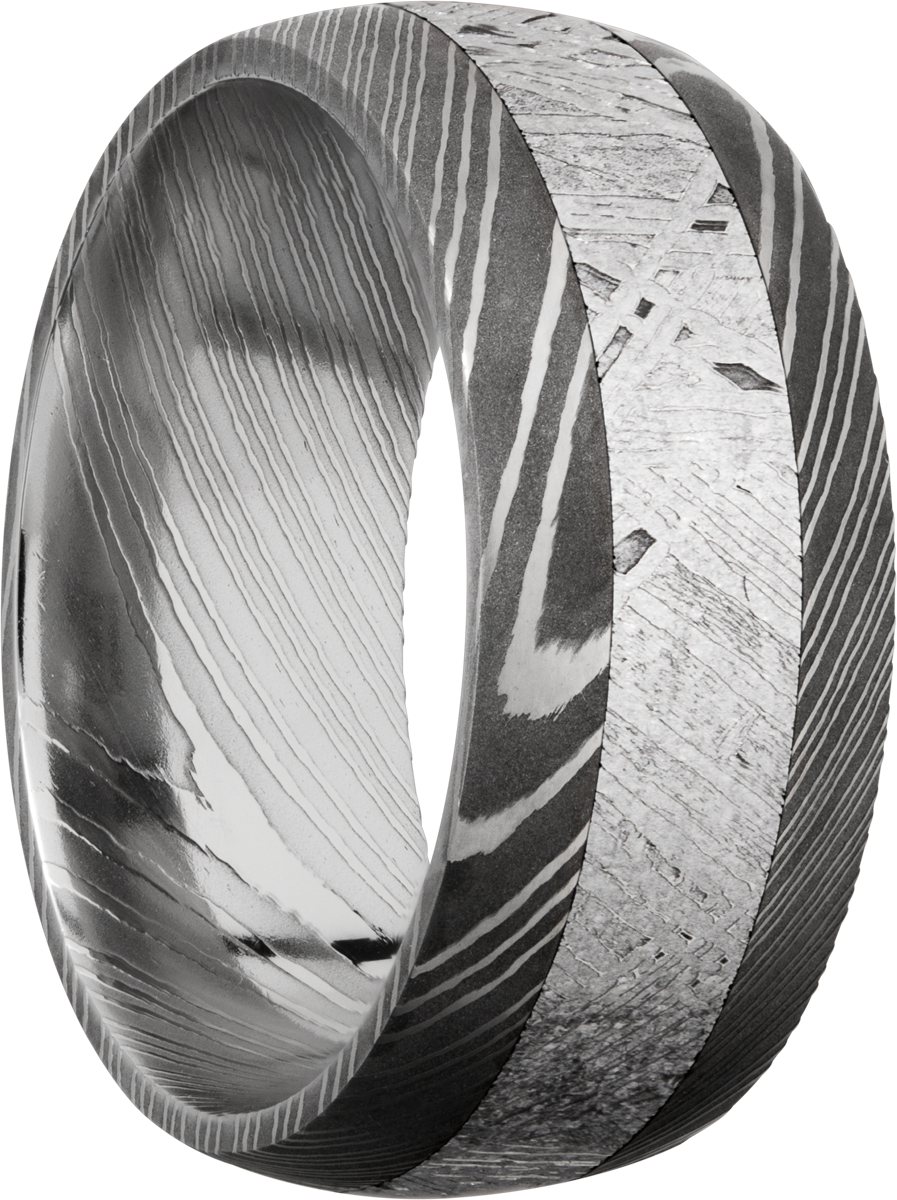 Handmade 9mm Damascus steel band with an inlay of authentic Gibeon Meteorite