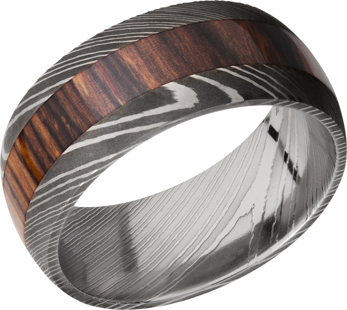 Handmade 9mm Damascus steel band with an inlay of exotic Natcoco hardwood