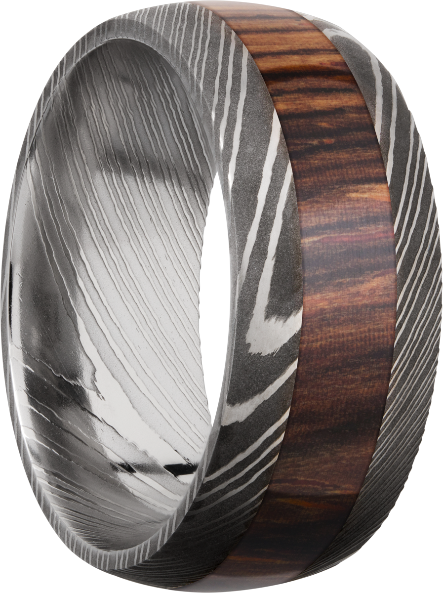 Handmade 9mm Damascus steel band with an inlay of exotic Natcoco hardwood