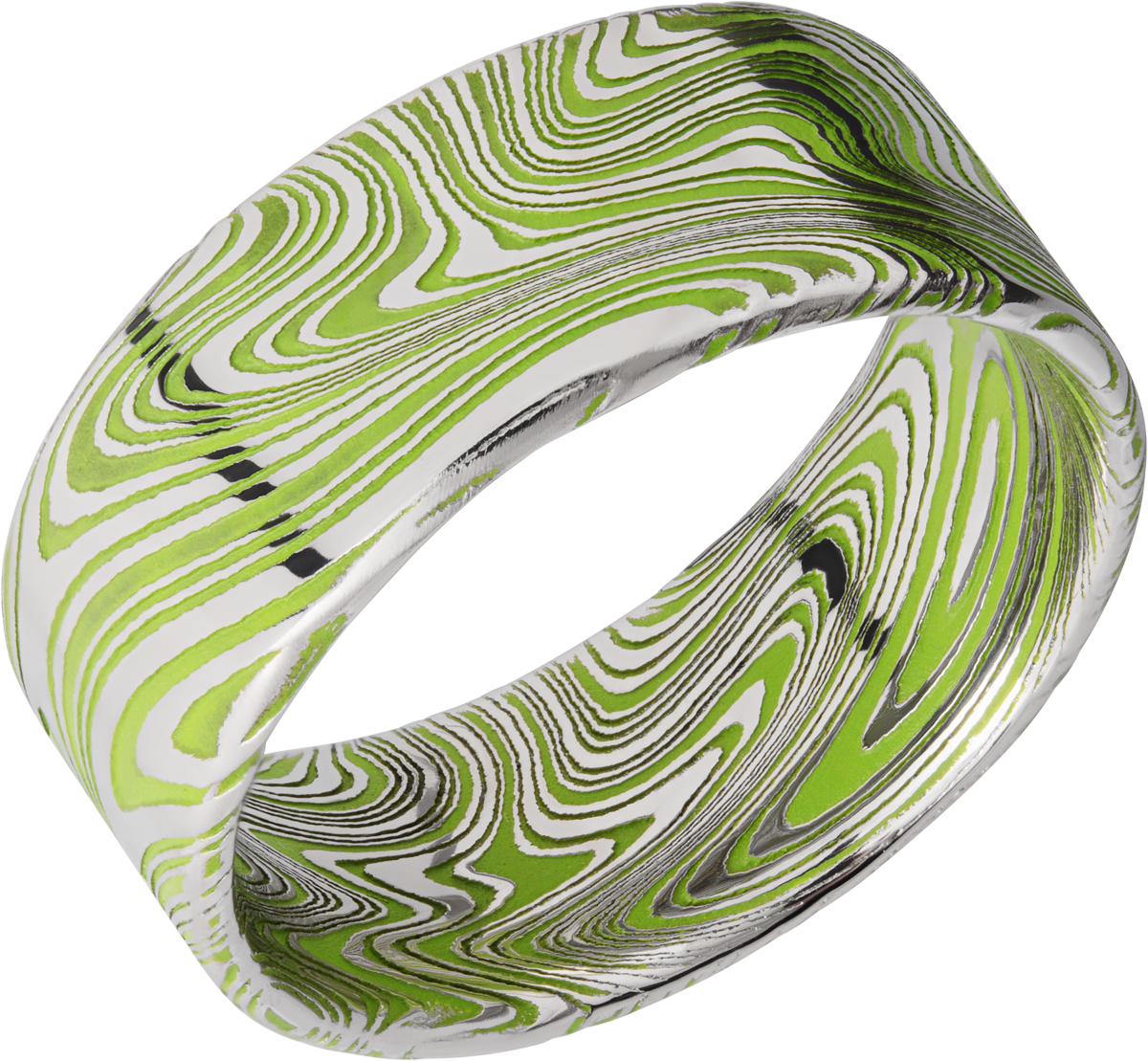 Marble Damascus steel 9mm flat band with slightly rounded edges and Zombie Green Cerakote in the recessed pattern