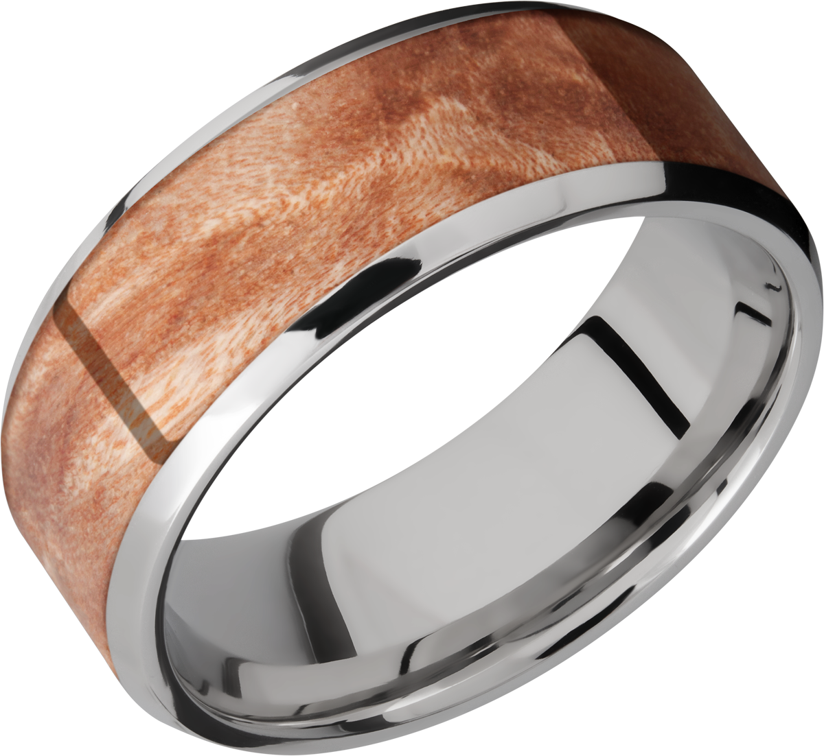 Titanium 8mm beveled band with an inlay of Mapleburl hardwood