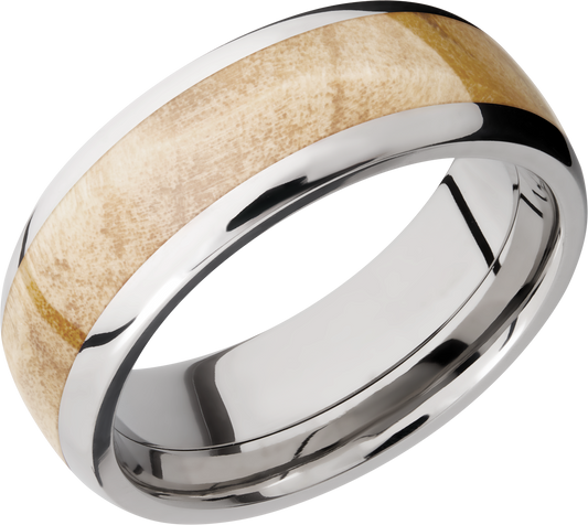 Titanium 8mm domed band with an inlay of Boxelder Burl hardwood