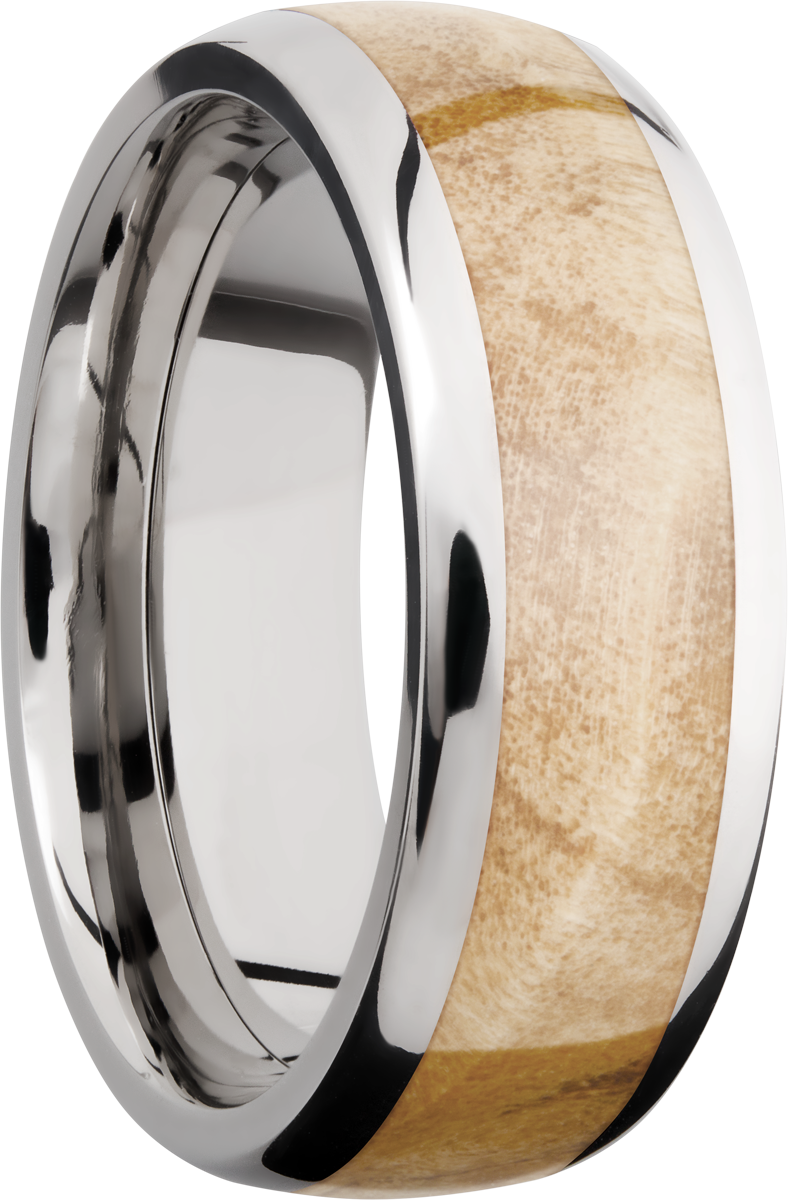 Titanium 8mm domed band with an inlay of Boxelder Burl hardwood