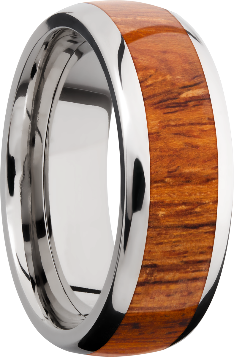 Titanium 8mm domed band with an inlay of Desert Ironwood hardwood