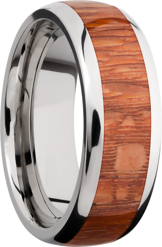 Titanium 8mm domed band with an inlay of Leopard hardwood