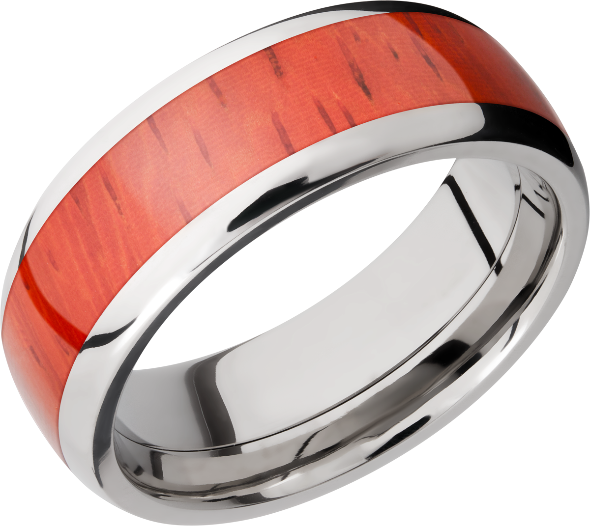 Titanium 8mm domed band with an inlay of Padauk hardwood