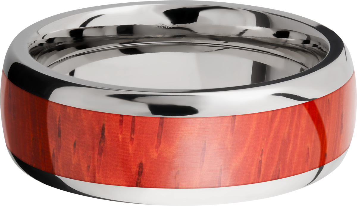 Titanium 8mm domed band with an inlay of Padauk hardwood