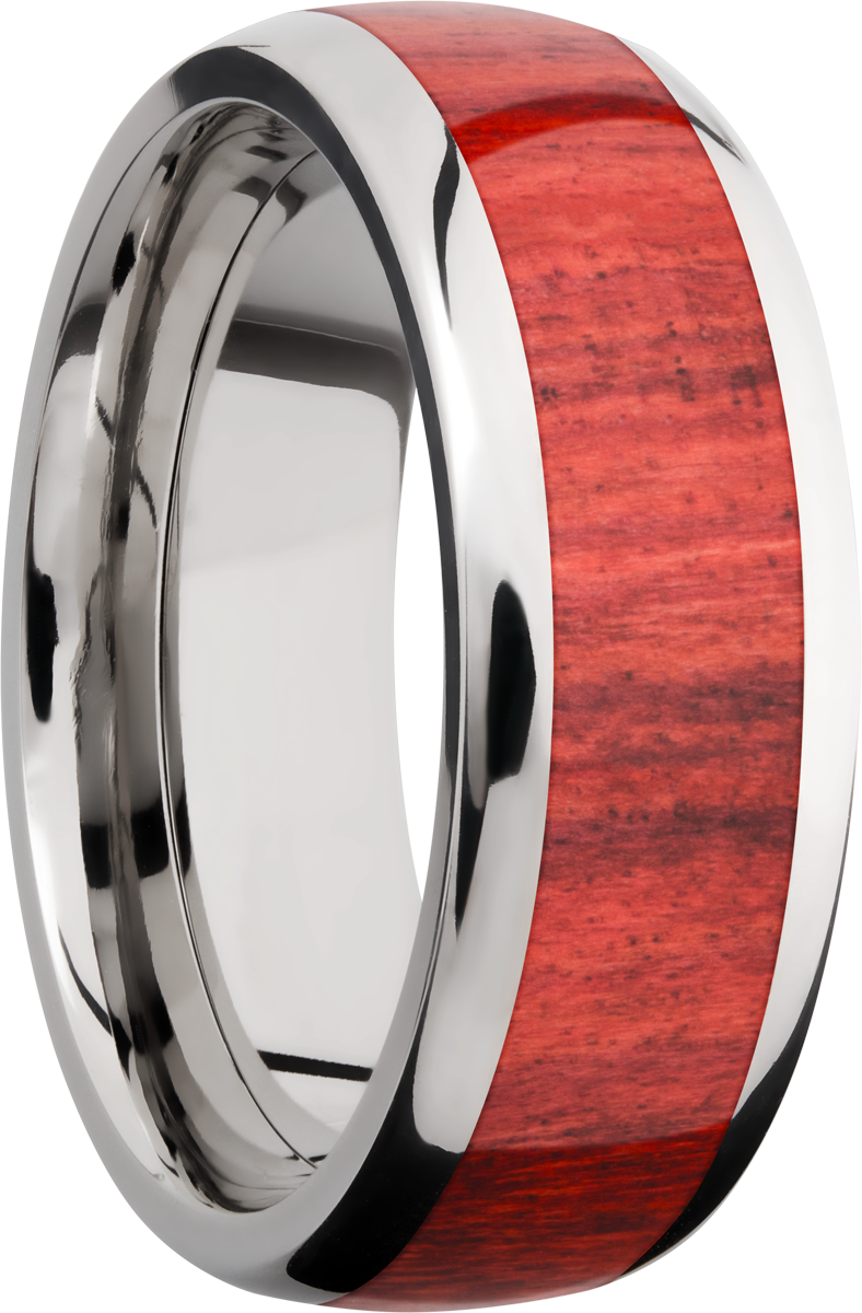 Titanium 8mm domed band with an inlay of Honduras Redheart hardwood