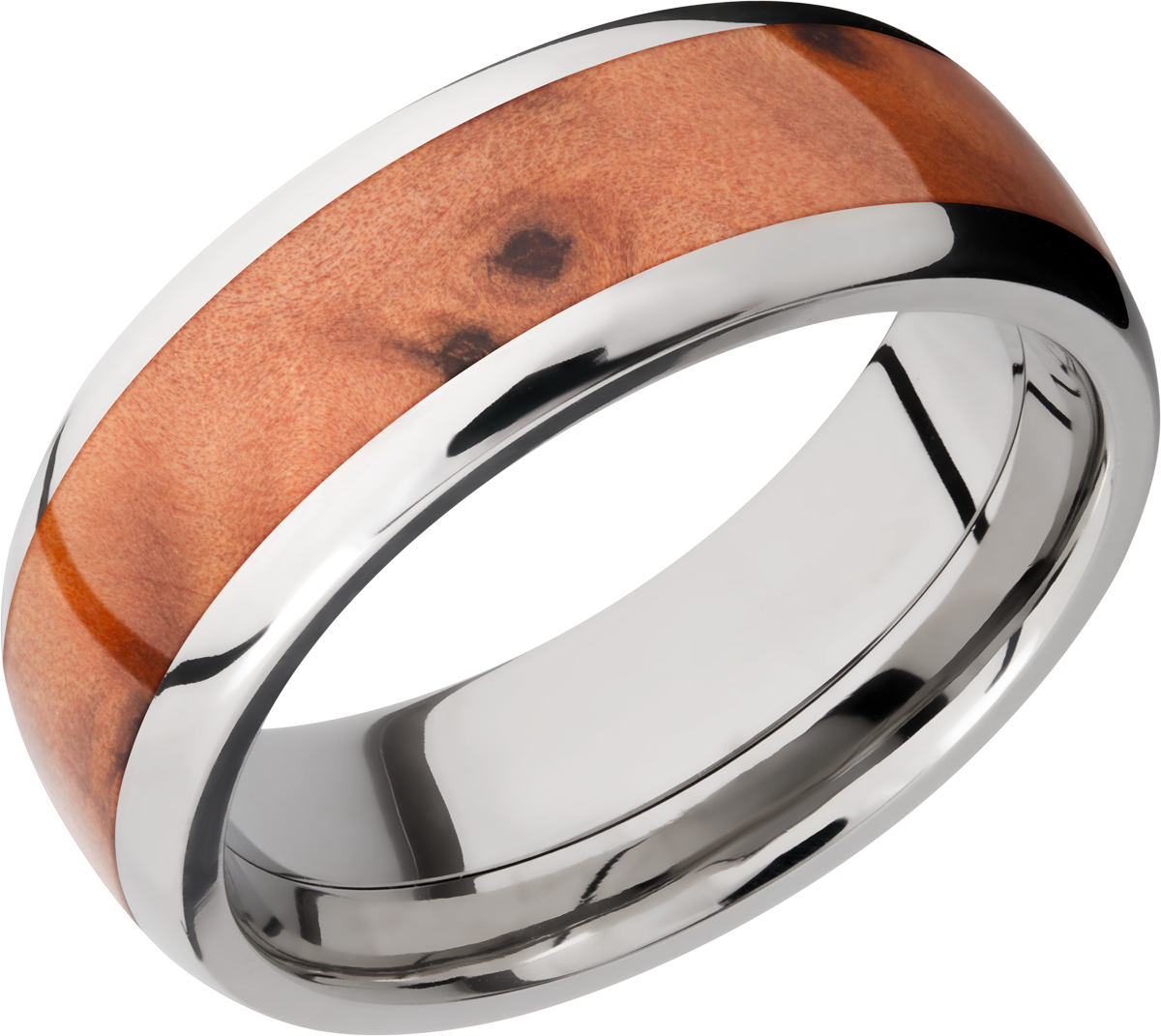 Titanium 8mm domed band with an inlay of Thuya Burl hardwood