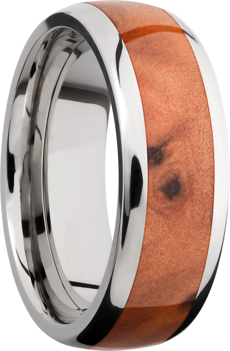 Titanium 8mm domed band with an inlay of Thuya Burl hardwood