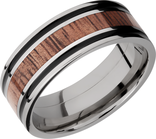 Titanium 8mm flat band with antiquing on both sides of an Koa hardwood inlay