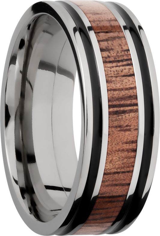 Titanium 8mm flat band with antiquing on both sides of an Koa hardwood inlay