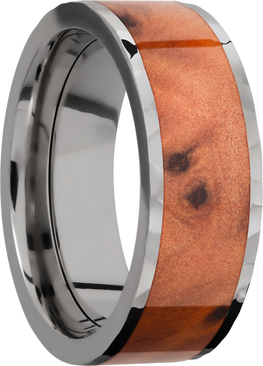Titanium 8mm flat band with an inlay of Thuya Burl hardwood