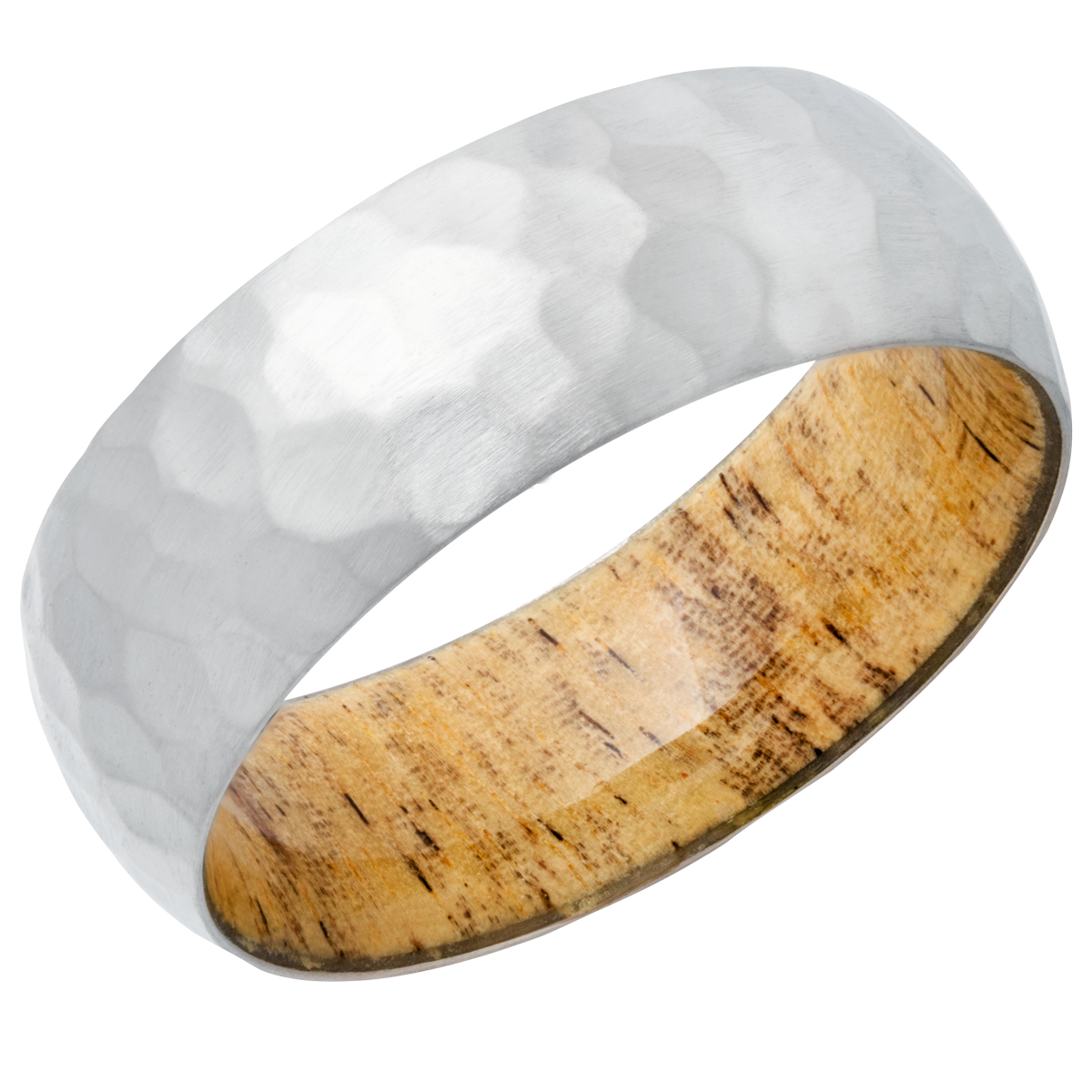 Titanium 8mm domed band with a hardwood sleeve of Spalted Tamarind