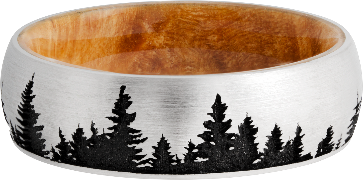 Cobalt chrome 7mm domed band featuring a laser-engraved tree pattern and a hardwood sleeve of Boxelder Burl