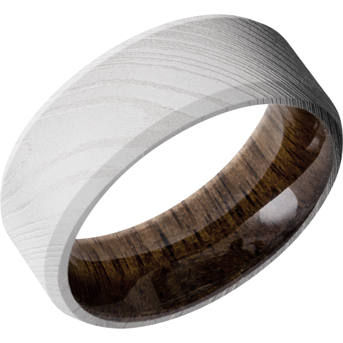 Damascus steel 8mm beveled band with a sleeve of Walnut hardwood