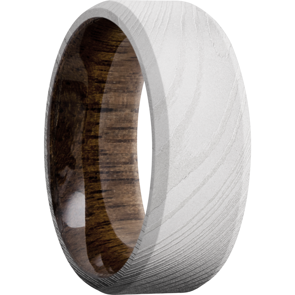 Damascus steel 8mm beveled band with a sleeve of Walnut hardwood