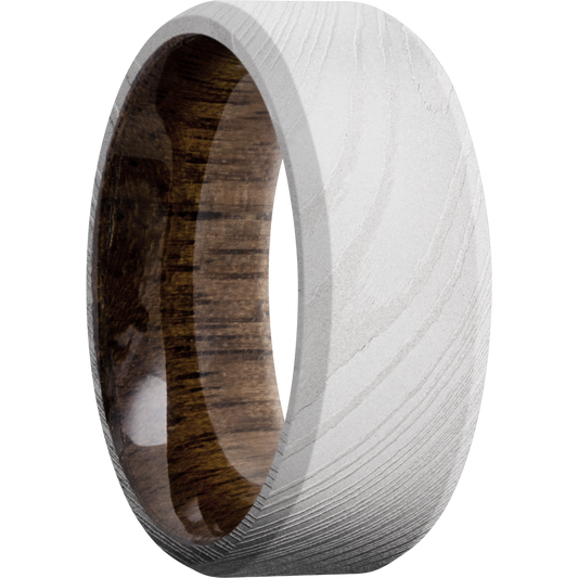 Damascus steel 8mm beveled band with a sleeve of Walnut hardwood