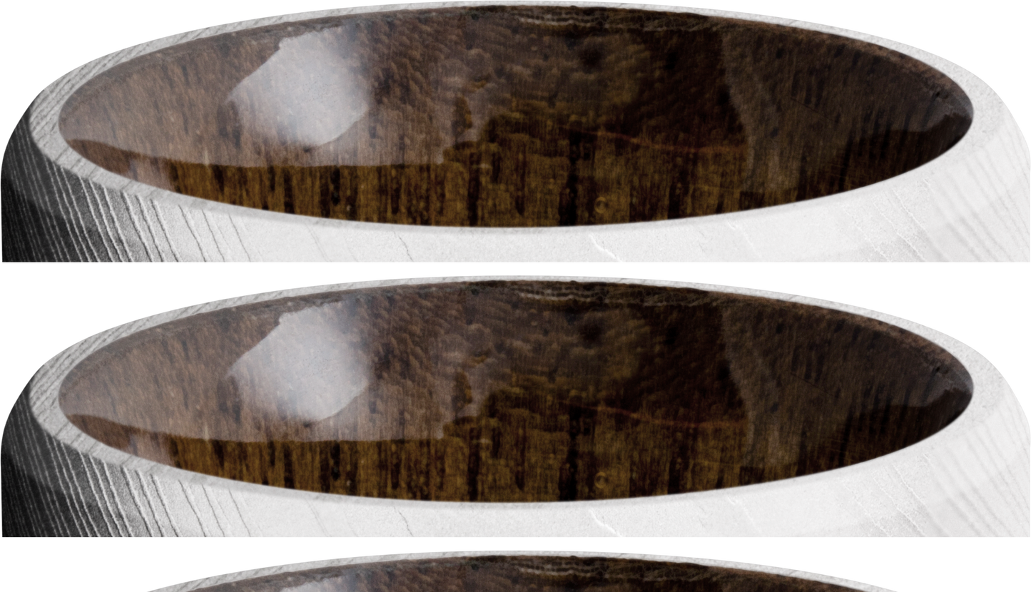 Damascus steel 8mm beveled band with a sleeve of Walnut hardwood