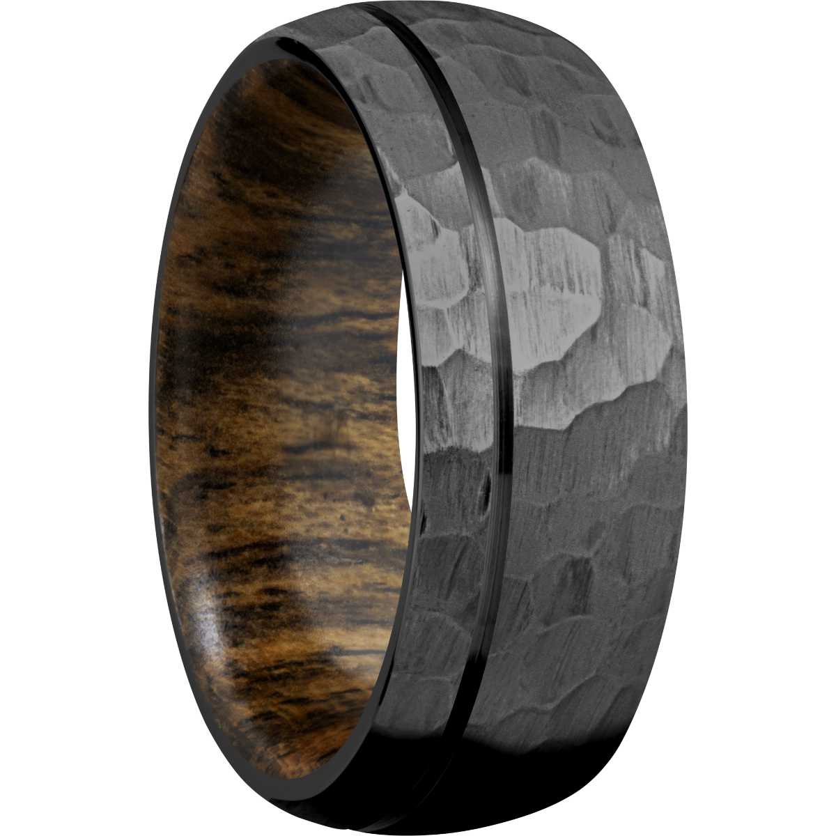 Zirconium 8mm domed band with 1, .5mm groove and a sleeve of Bocote hardwood