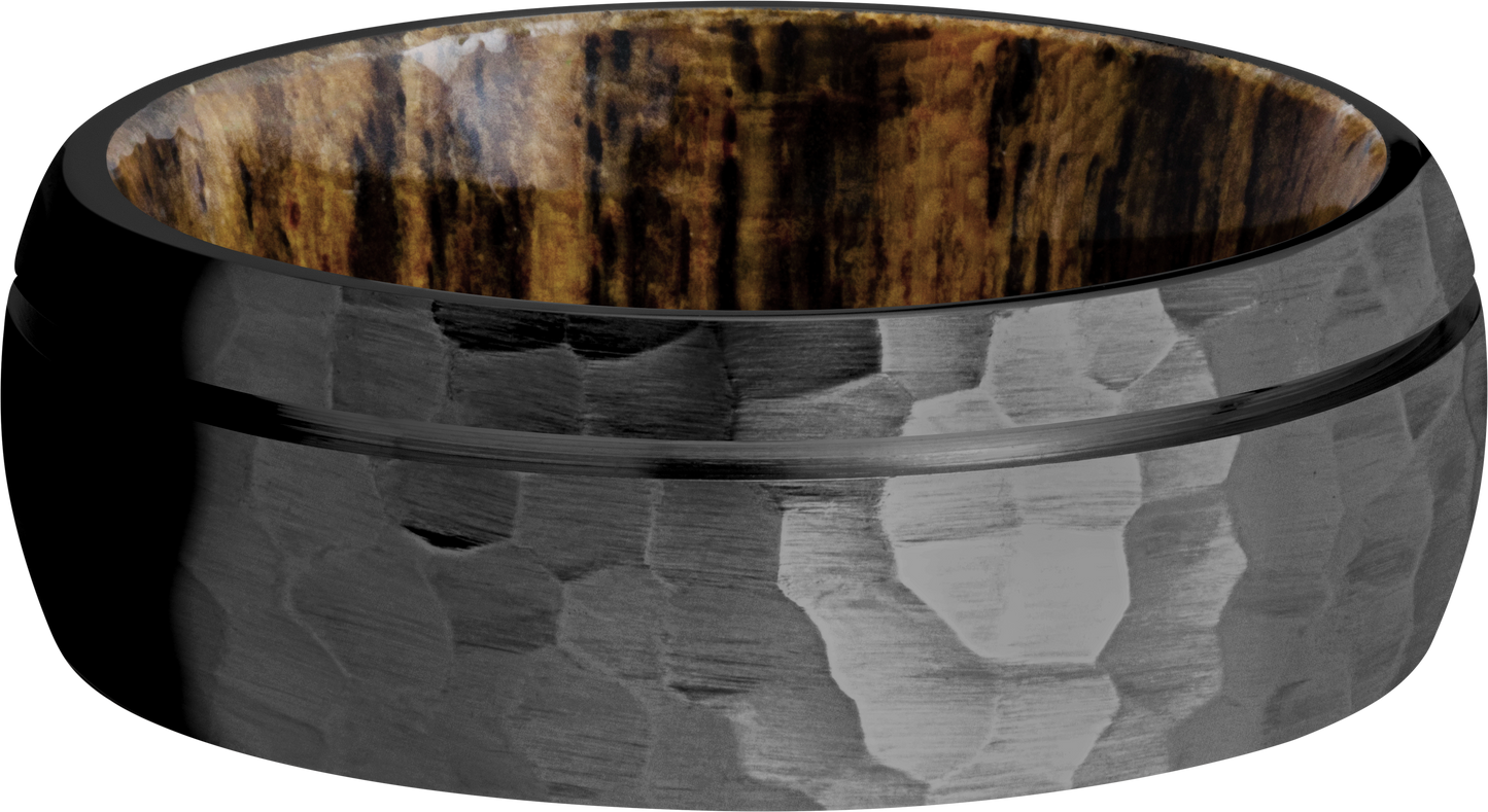 Zirconium 8mm domed band with 1, .5mm groove and a sleeve of Bocote hardwood