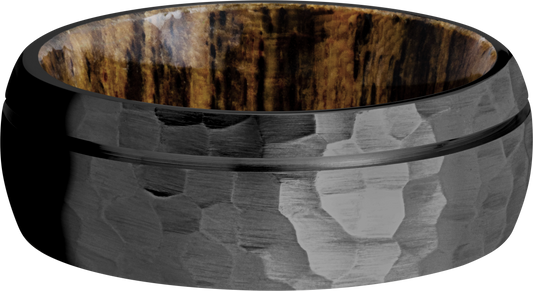 Zirconium 8mm domed band with 1, .5mm groove and a sleeve of Bocote hardwood