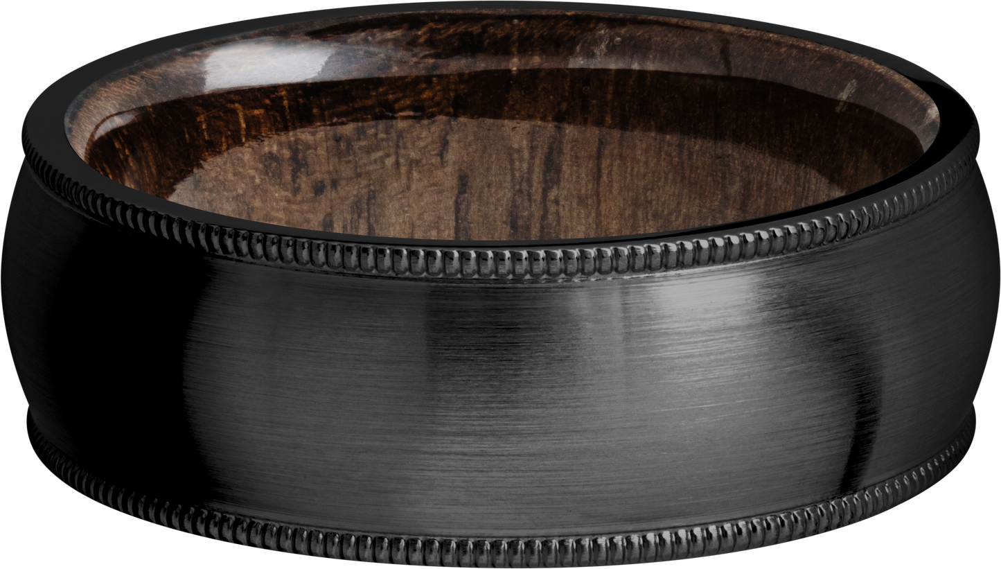 Zirconium 8mm domed band with milgrain edges and a sleeve of Walnut hardwood