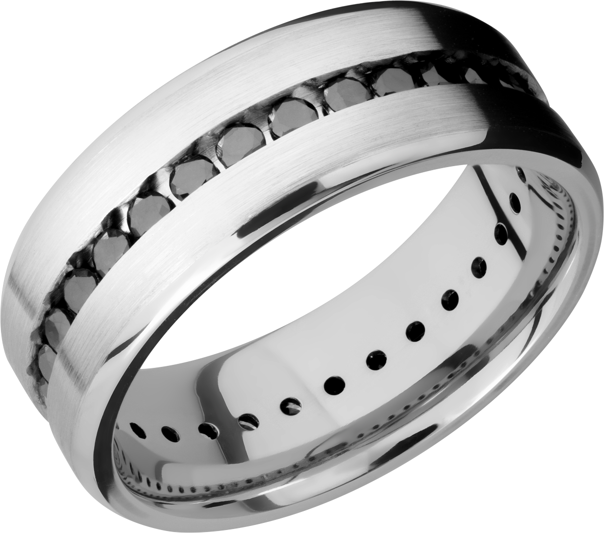 Platinum 8mm beveled band with eternity-set .04ct black diamonds