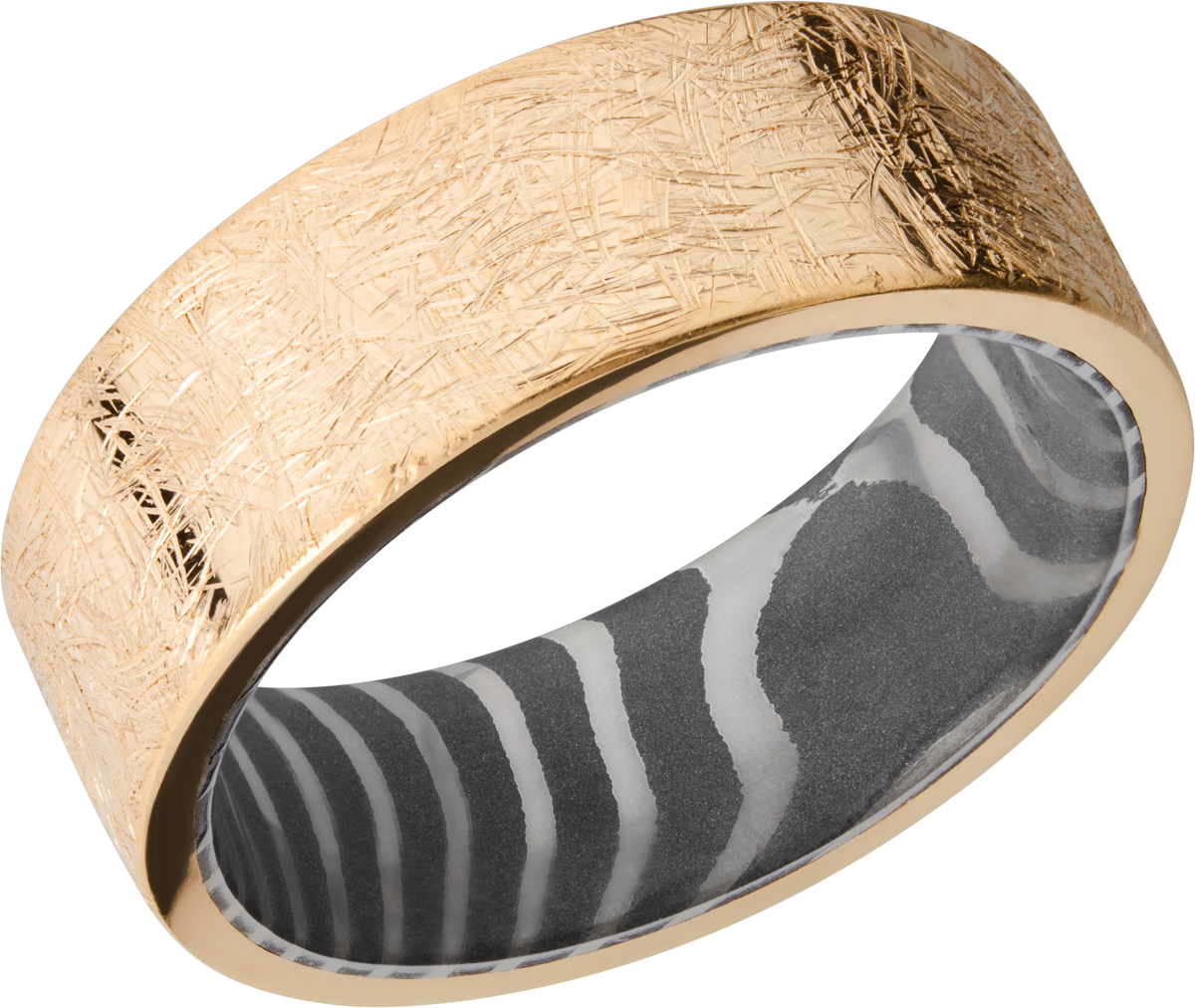 14K yellow gold 8mm band with a handmade tiger Damascus steel sleeve