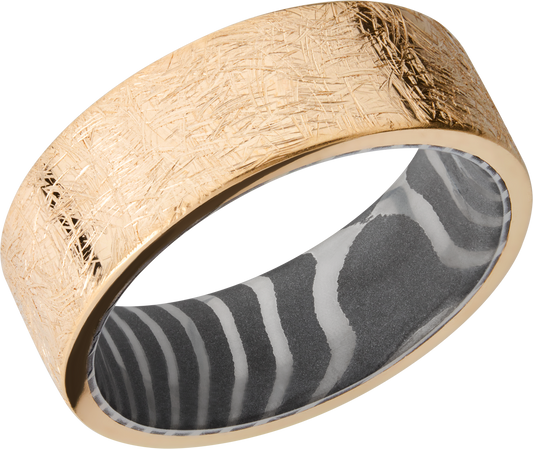 14K yellow gold 8mm band with a handmade tiger Damascus steel sleeve