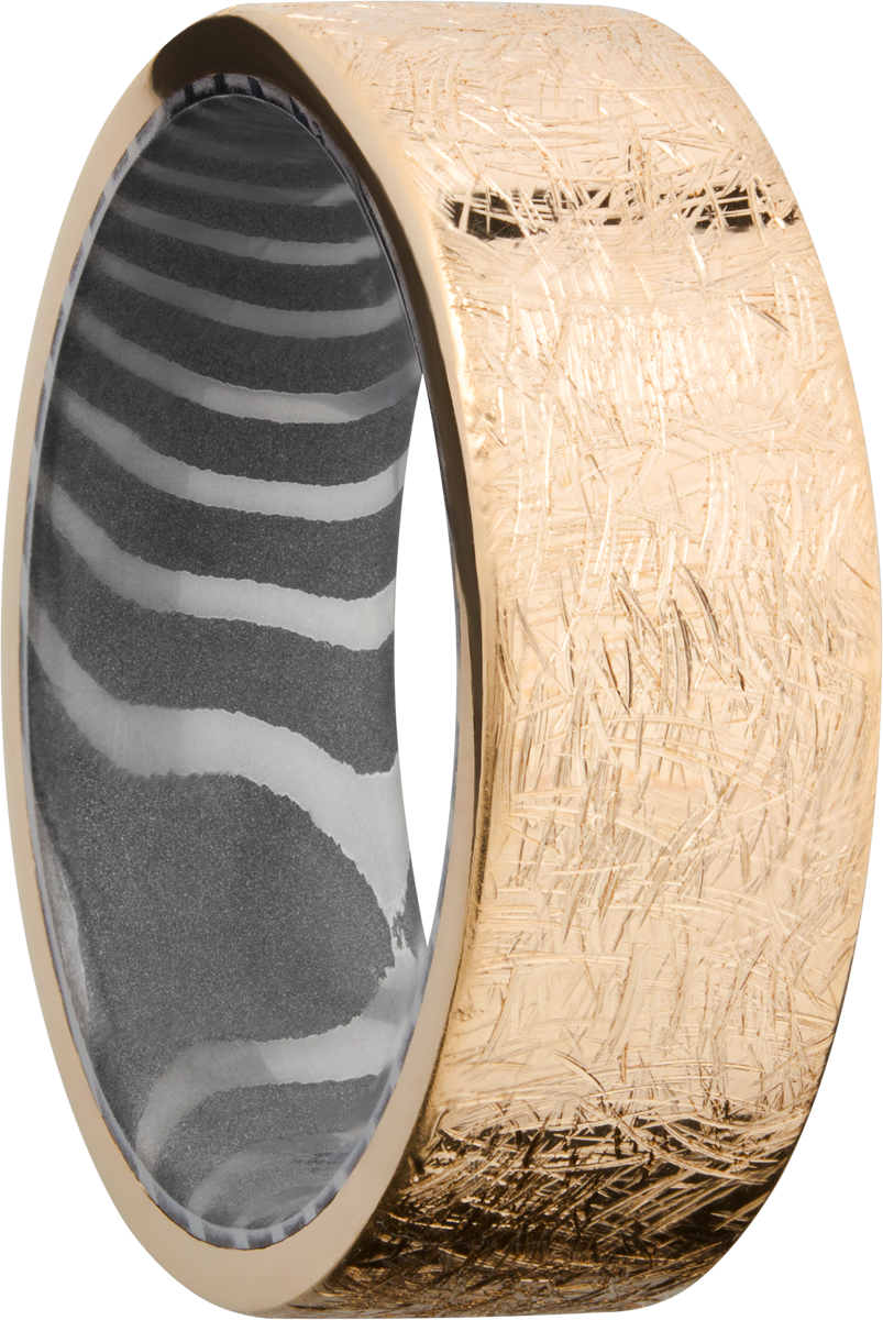 14K yellow gold 8mm band with a handmade tiger Damascus steel sleeve