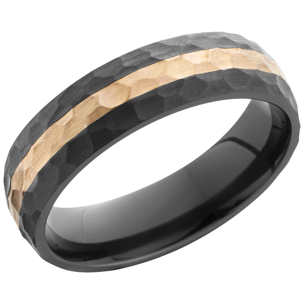 Zirconium 6mm domed band with an inlay of 14K rose gold