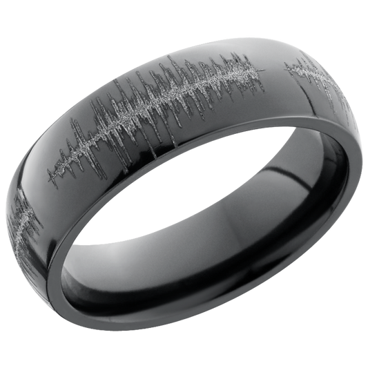 Zirconium 6mm domed band with a laser-carved soundwave