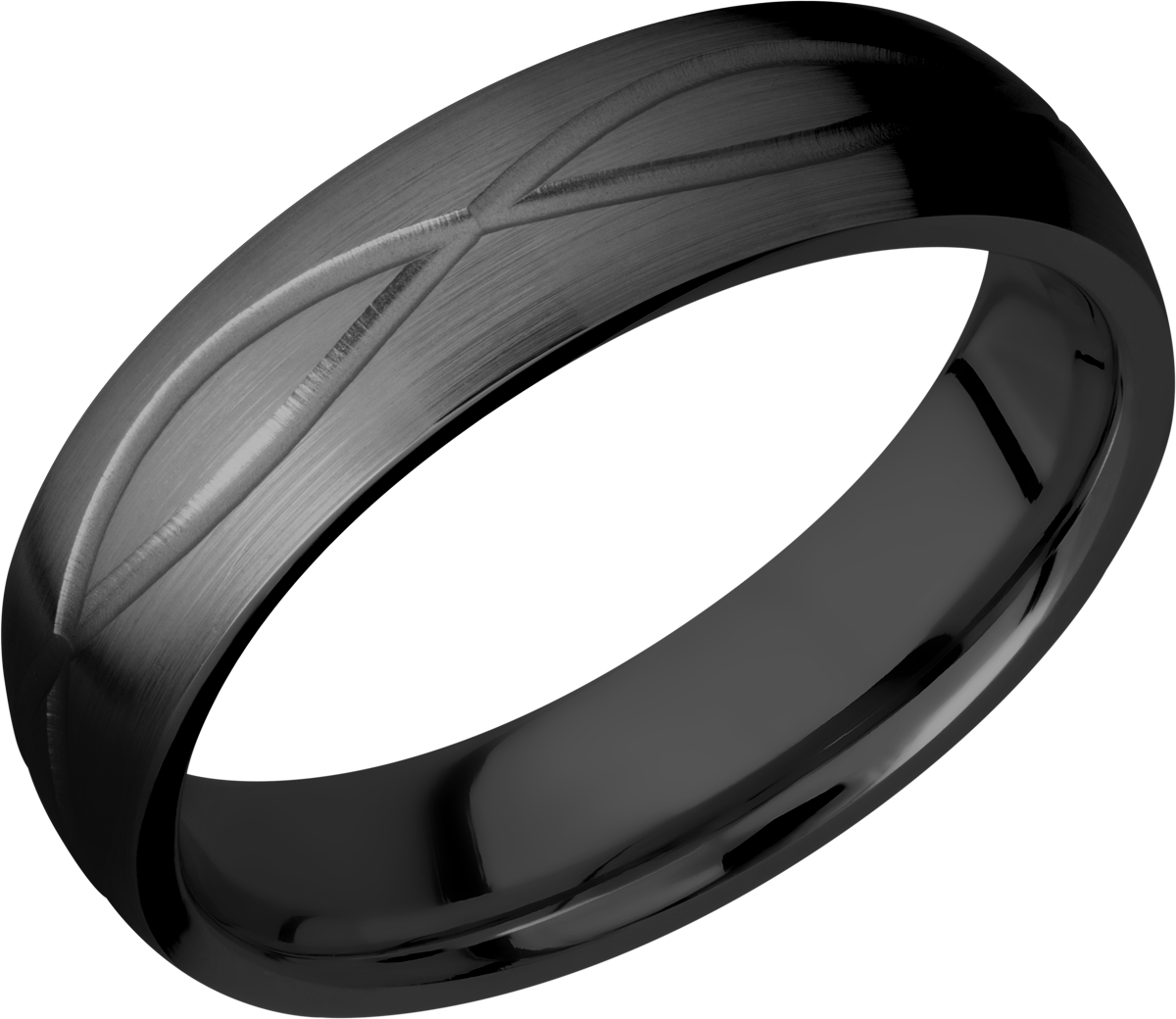 Zirconium 6mm domed band with a laser-carved infinity pattern