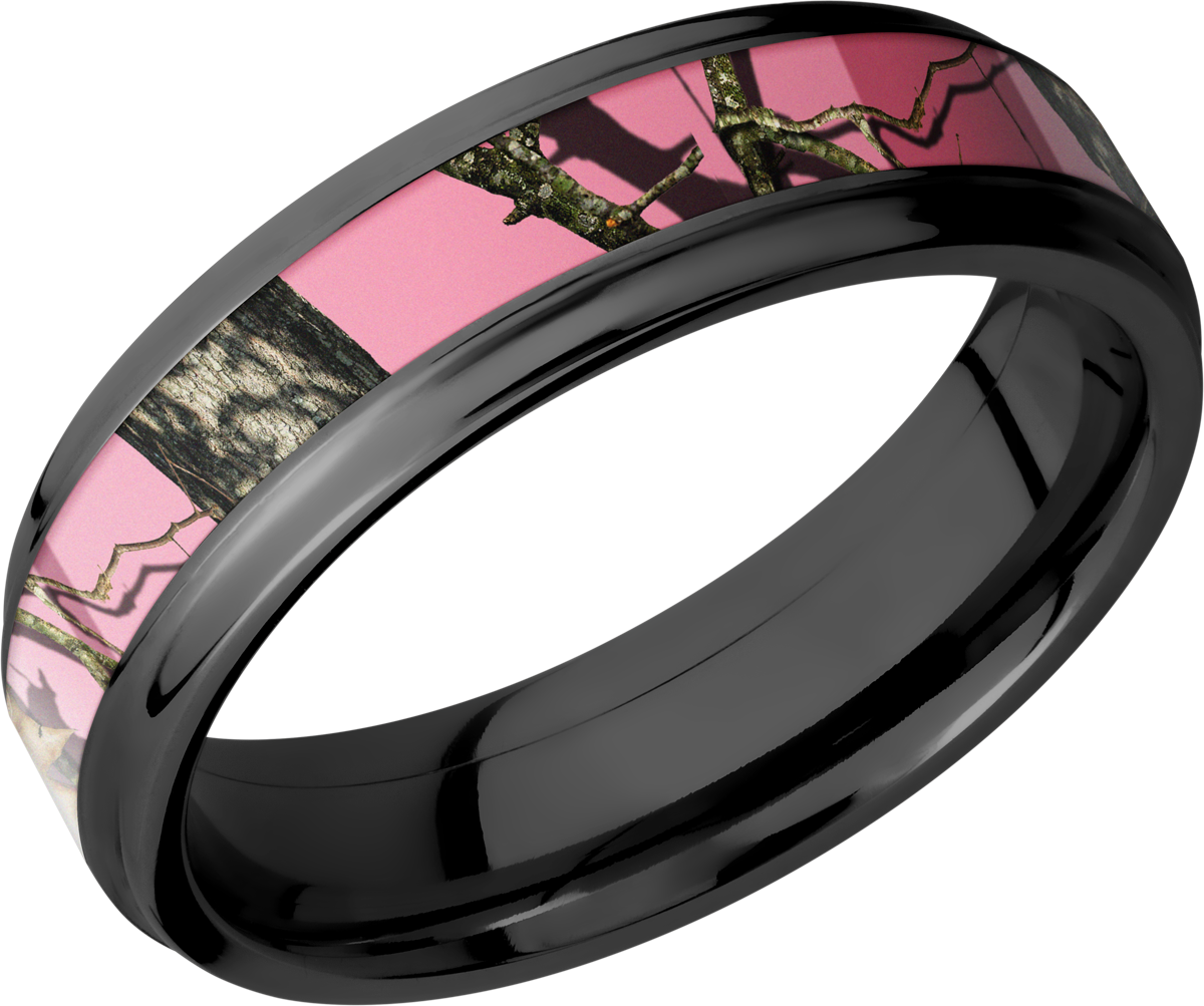 Cobalt chrome 6mm flat band with grooved edges and a 3mm inlay of Mossy Oak Pink Break Up Camo