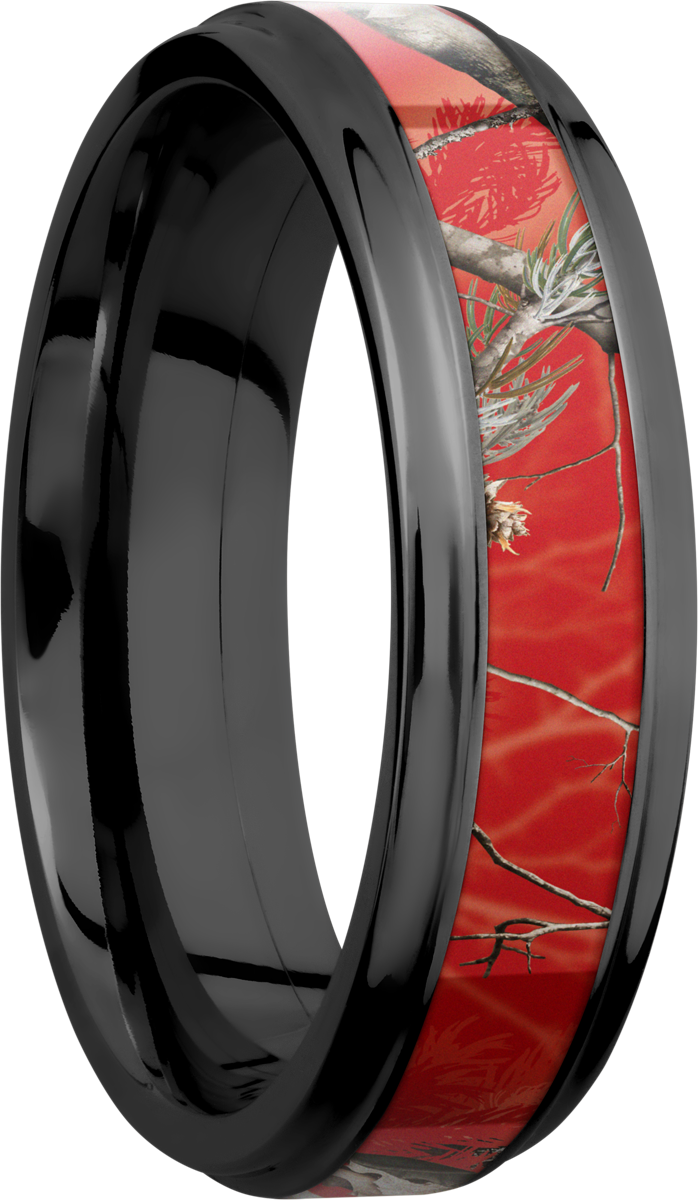 Zirconium 6mm flat band with grooved edges and a 3mm inlay of Realtree APC Red Camo