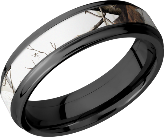 Zirconium 6mm flat band with grooved edges and a 3mm inlay of Realtree APC Snow Camo