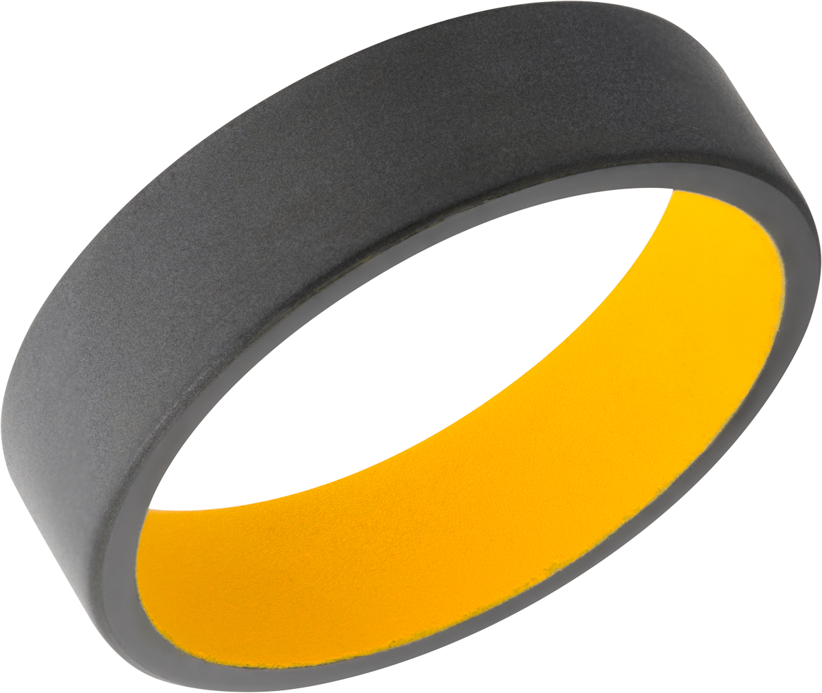 Zirconium 6mm flat band with slightly rounded edges and a Dewalt Yellow Cerakote sleeve