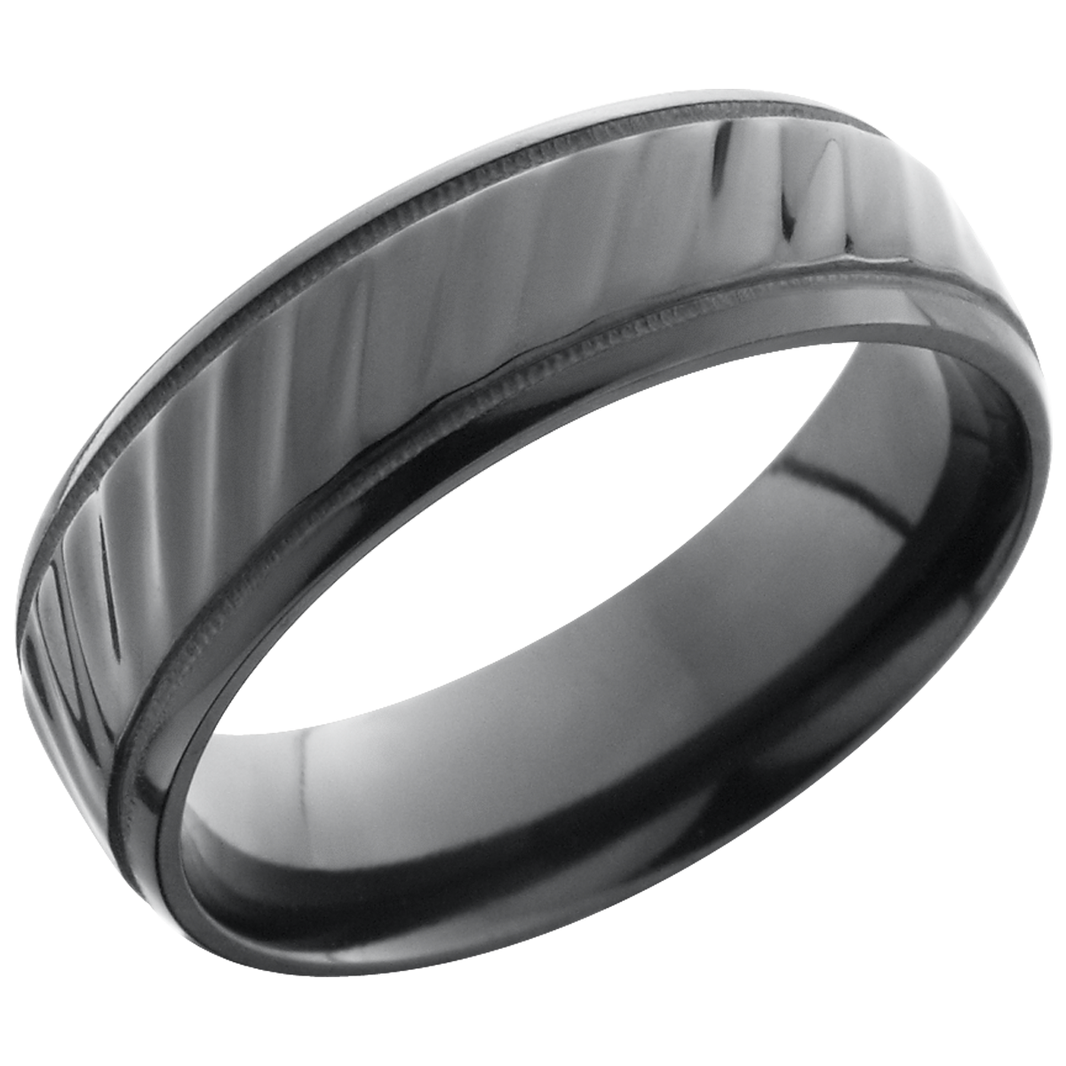 Zirconium 7mm beveled band with reverse milgrain detail and a laser-carved stripe pattern