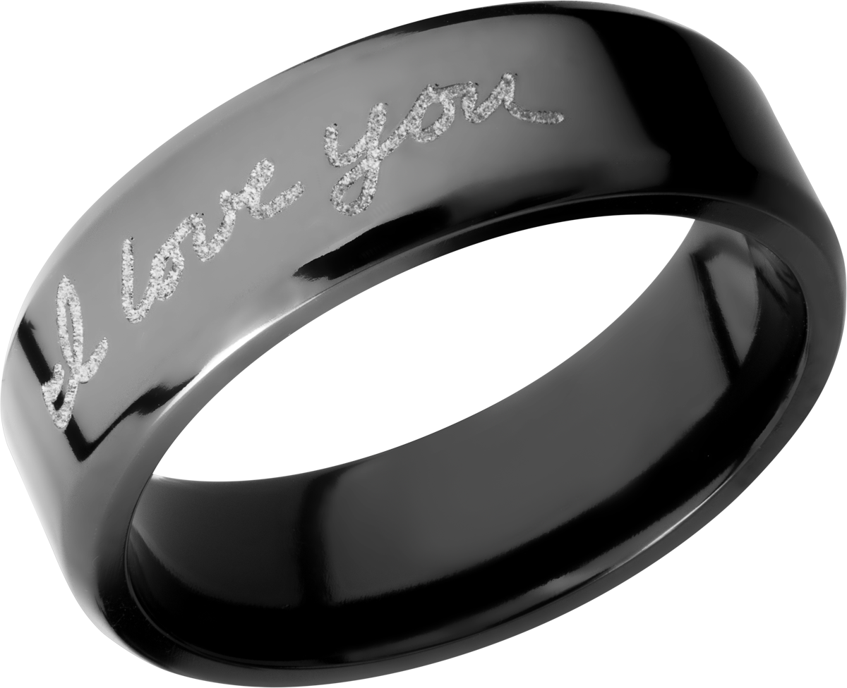 Zirconium 7mm beveled band with a laser-carved handwritten message